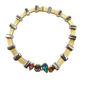1980s Multicolor Gemstone Gold-Tone & Silver-Tone Collar Necklace Signed Maresco